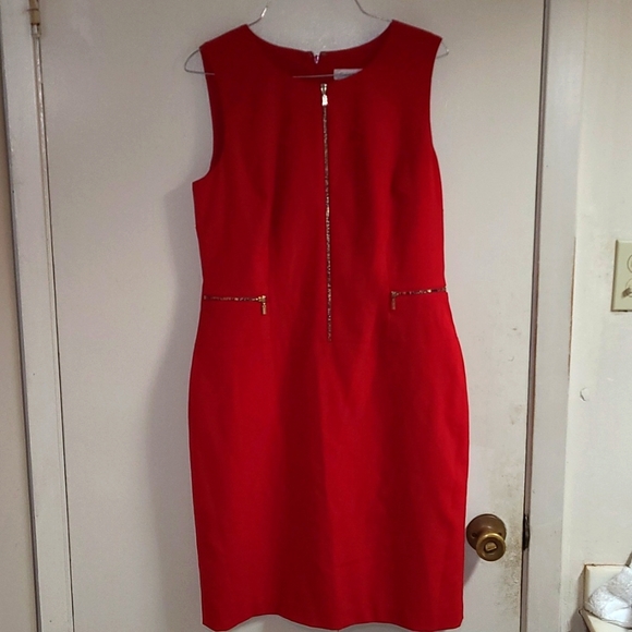 Red Calvin Klein sheath dress. decorative zippers. - Picture 2 of 5